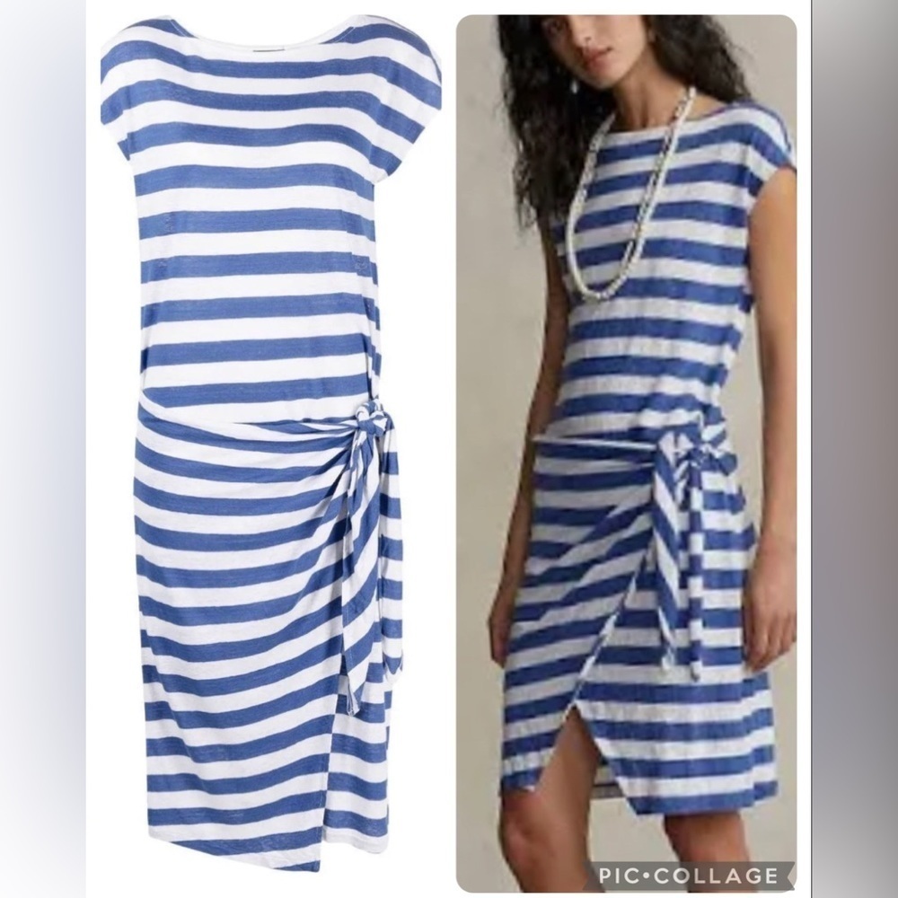 NEW Polo by Ralph Lauren Linen Blend Draped Side-Tie Striped Dress Women Sz XXS